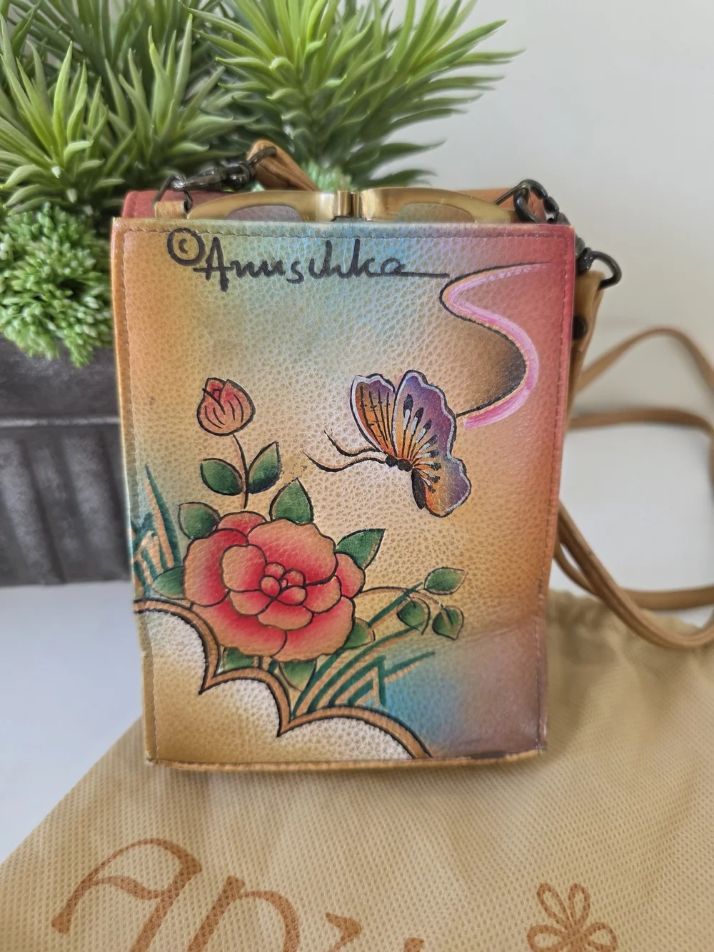 Anuschka Hand Painted Leather Crossbody Bag Butterfly Floral Mini Purse Clutch